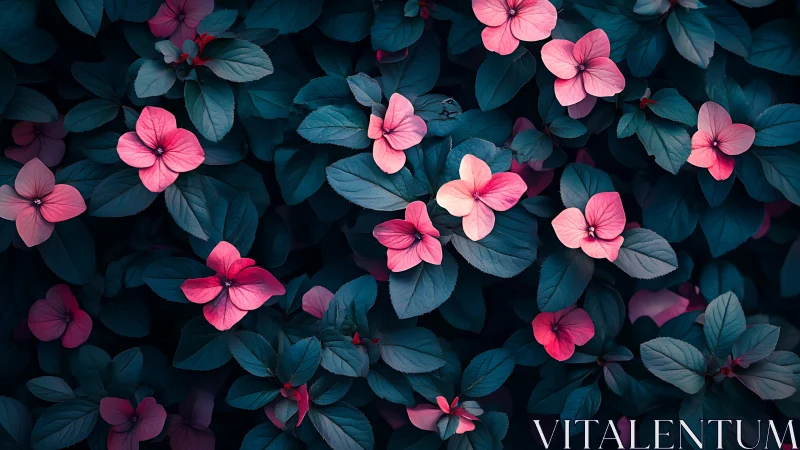 Pink Flowers Against Deep Teal Foliage.