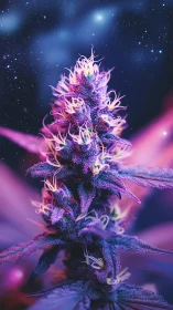 Cosmic cannabis bloom glows under neon galaxy lights