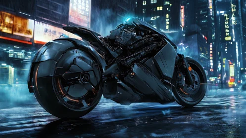 Futuristic motorcycle on wet neon city street at night.