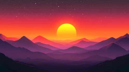 Layered mountain horizon with stylized sunset and stars.