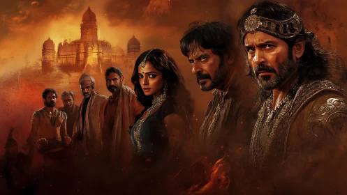 Cinematic medieval ensemble in ember-toned digital tableau.