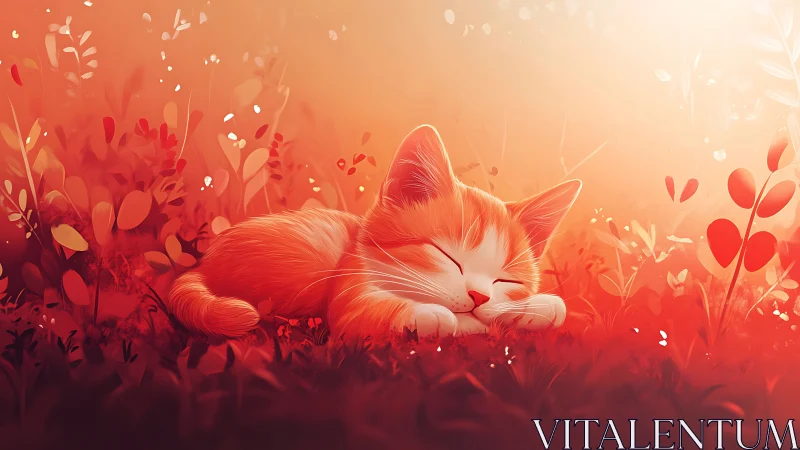 Dreaming in Warm Glow: A Gentle Cat's Garden Rest.