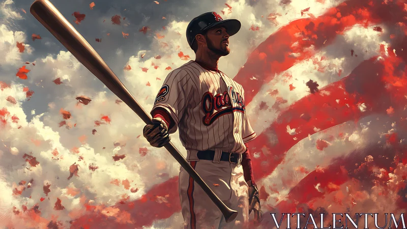 Baseball player holds bat before abstract flag backdrop