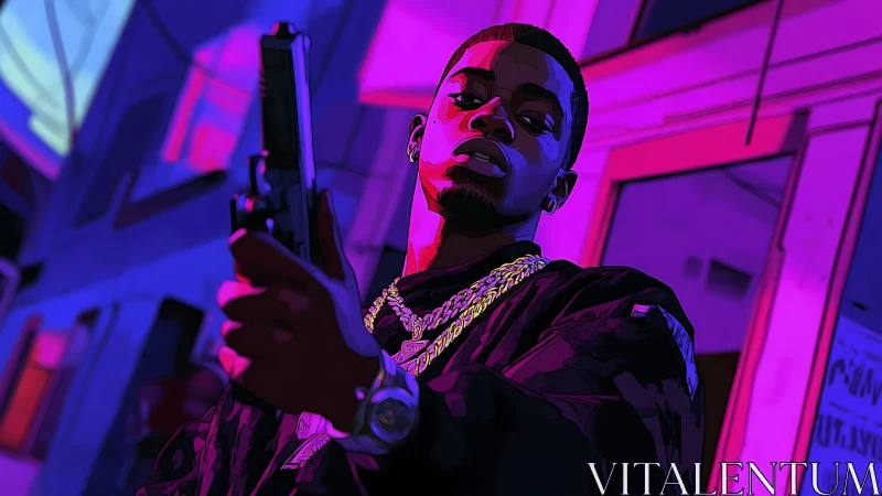 Neon-lit urban gangster holds gun in bold stylized portrait