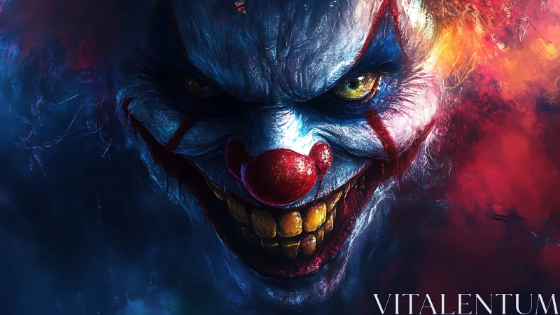 Sinister clown portrait with fiery neon horror lighting.