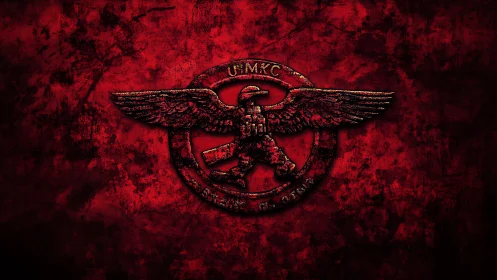 Winged emblem with walking figure dominates distressed red field