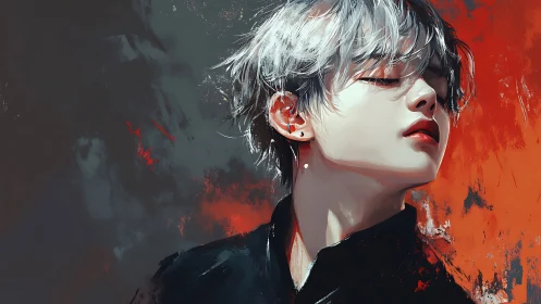 Silver haired portrait in expressive red gray digital brushwork.