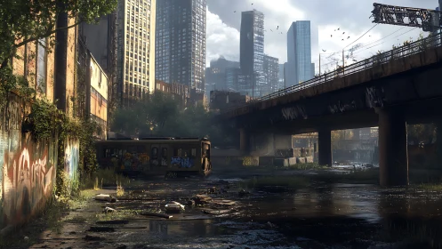 Abandoned urban rail yard beneath elevated freeway at dusk.