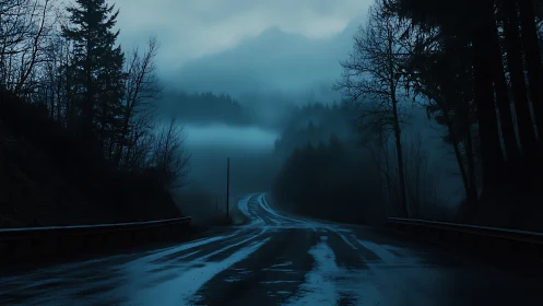 Wet mountain road at dusk with fog-covered forested hills.