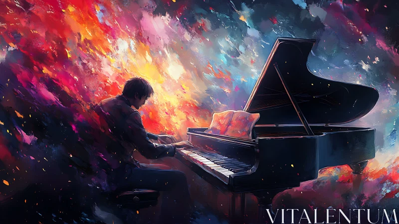 Grand piano player is seated amid diffuse abstract color field