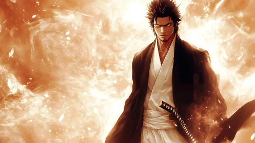 Sword-wielding anime warrior in flowing fiery background.