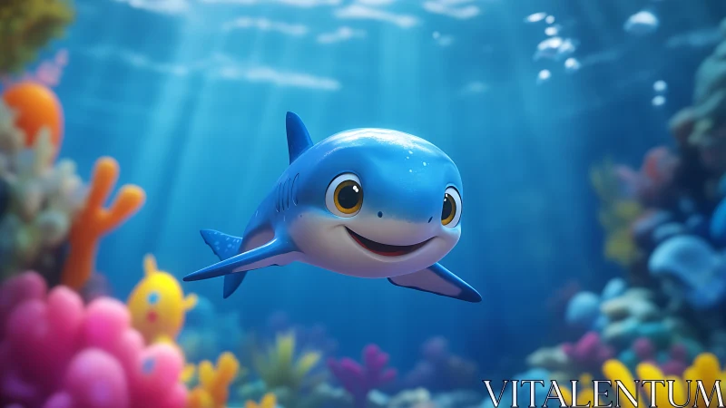 Stylized 3D baby shark swims through lit coral reef environment