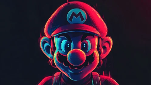 Neon-lit cartoon plumber glows against a dark void background
