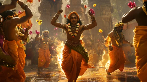 Hindu temple courtyard dance with garlanded male performers.