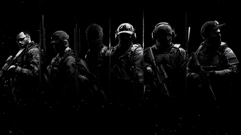 Tactical operator lineup in monochrome digital painting style.