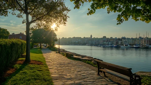Sunlit stone walkway runs beside calm waterfront harbor