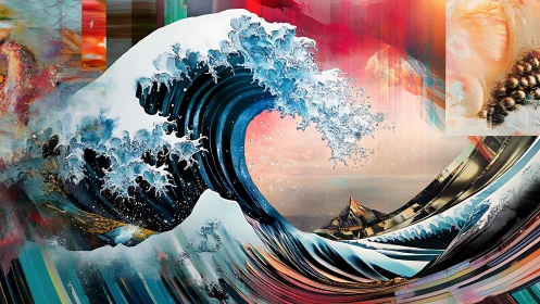 Neon tides collide with prism skies in a reimagined great wave.
