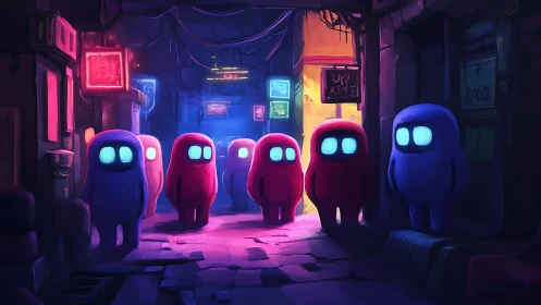 Neon alley with glowing figures under colorful signs.