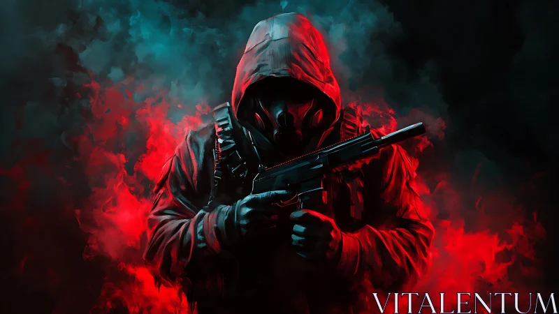Hooded armed figure stands amid red and teal smoke