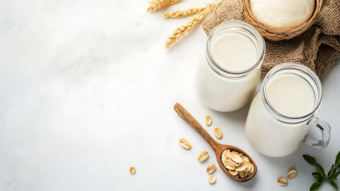 Oat milk in glass jars sits on light rustic backdrop.