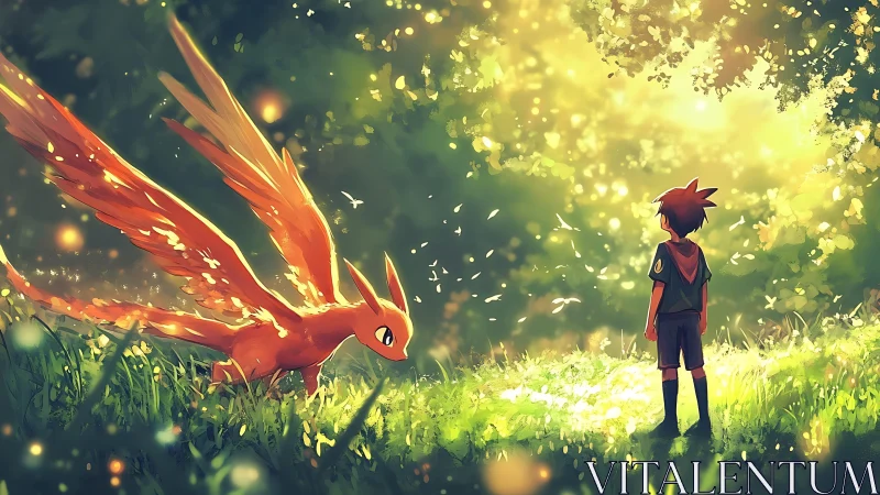 Sunlit forest meeting glows as boy and fire creature connect