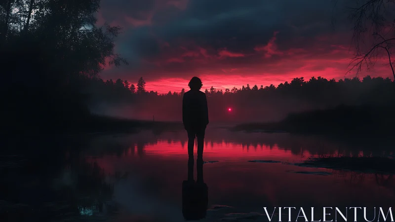 Silhouetted figure contemplates a crimson twilight horizon.