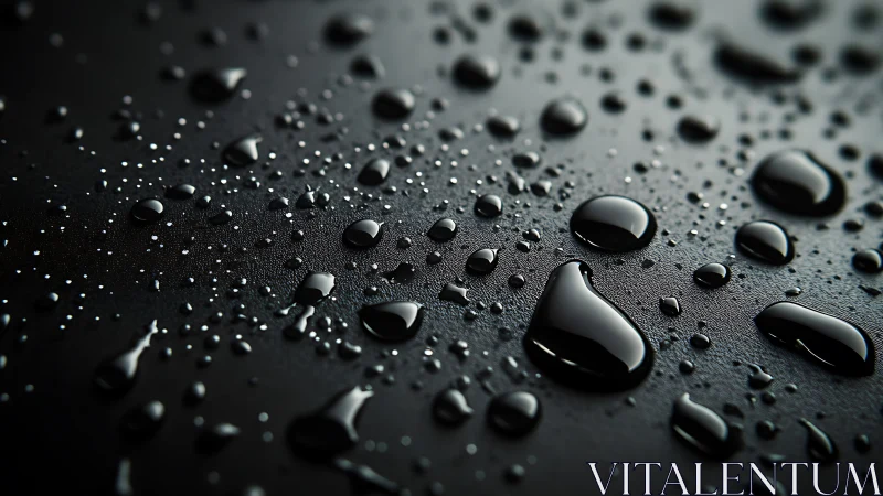 Macro water droplets on dark hydrophobic surface at angle.