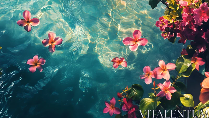 Tropical Flowers Floating in Crystalline Pool Water. Caustic Patterns