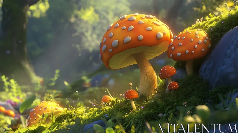 Orange spotted mushrooms in sunlit forest undergrowth.