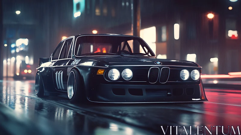 Photorealistic low-slung racer in neon-soaked urban nightscape.