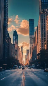 Golden hour city avenue glows between tall urban towers