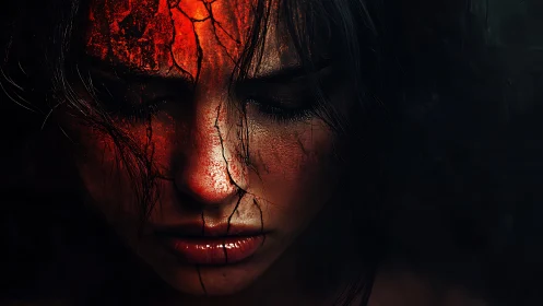 Cracked red texture over pensive woman&rsquo;s closed face.