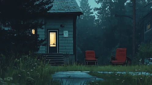 Moody twilight cabin exterior with illuminated doorway and chairs