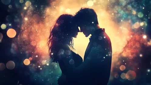 Silhouetted Couple's Intimate Moment with Golden Bokeh Luminescence.