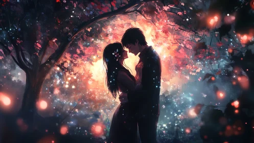 Illuminated Romance Under Glowing Tree Canopy.