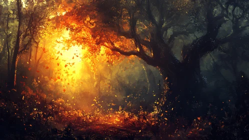 Autumn Forest Blaze: Mystical Woodland Sunset.