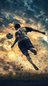 Soccer player midair volley against dramatic evening sky.