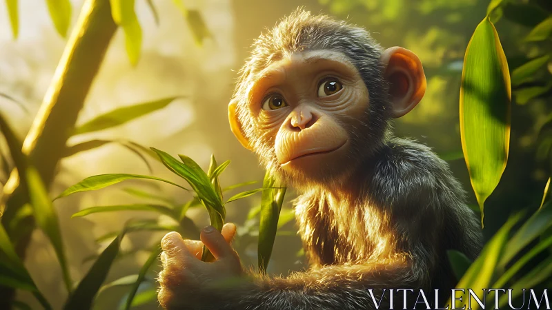 Gentle baby monkey pauses curiously in warm jungle light