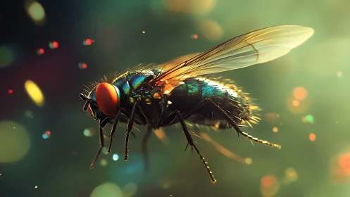 Glowing housefly shimmers with jewel bright wings and light.