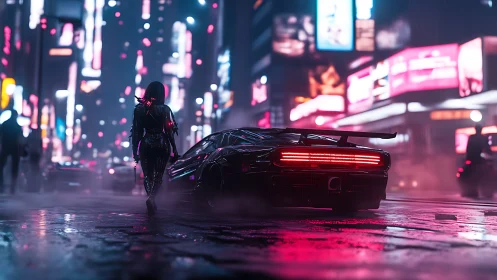 Neon drenched street stalks a lone cyberpunk driver at dusk