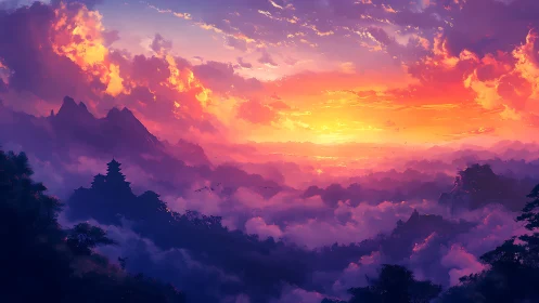 Sunset over misty mountains with distant pagoda silhouette.