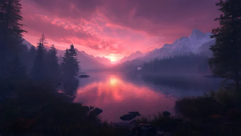 Digital mountain lake render shows symmetric sunset reflection