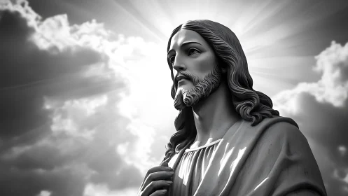 Radiant marble Christ statue under dramatic sunbeams.