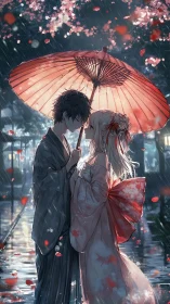 Couple stands under red umbrella in rainy night street