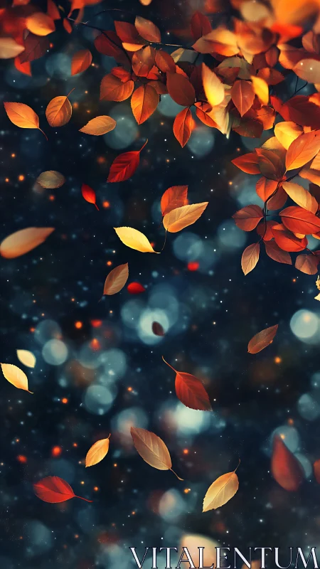 Autumn foliage cascade with bokeh-rich twilight background.