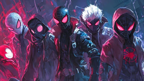 Neon masked heroes gathered in a glowing urban storm.