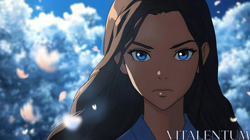 Focused blue-eyed heroine in dynamic atmospheric anime portrait.