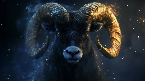 Majestic horned ram portrait with glowing contrast lighting.