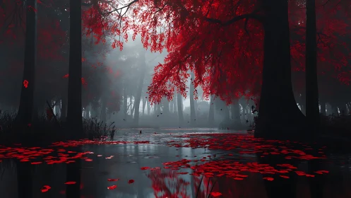 Red leaf canopy hangs over dark forest water channel