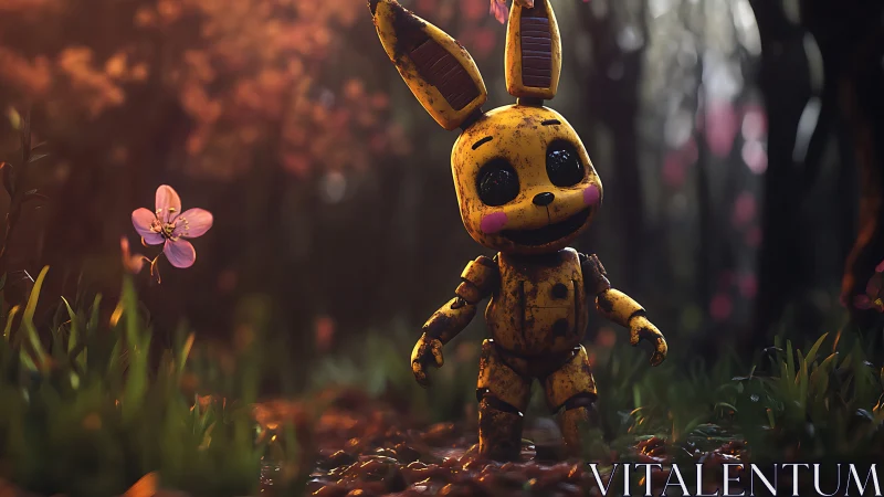 Rusty toy rabbit in dreamy forest with floating blossom.